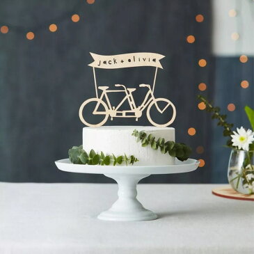 自転車　ケーキトッパー ウェディング　結婚式　名入れ　バイク　サイクリング　木製　ナチュラル　ラスティック　旗　フラッグ