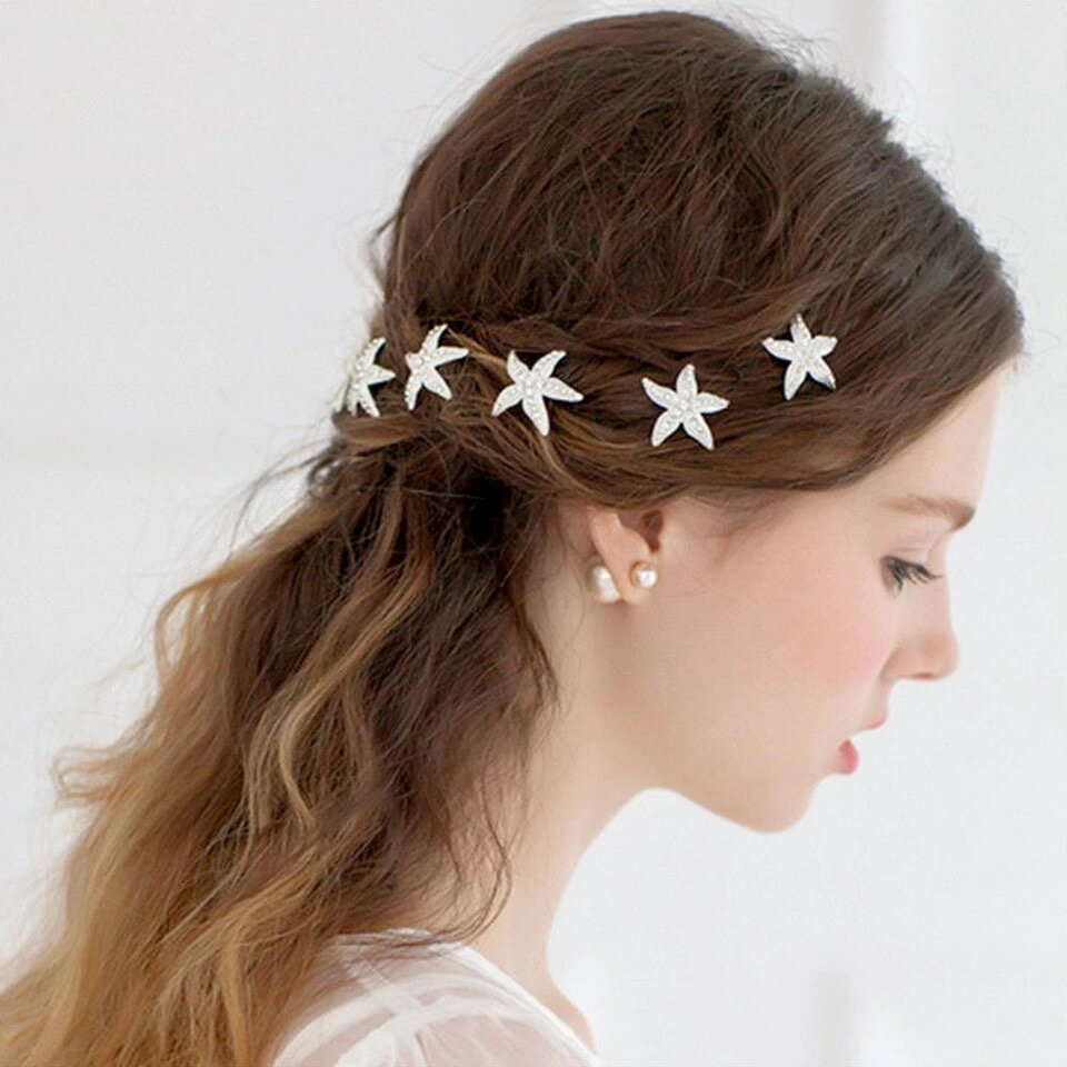 ヘッドドレス ヒトデ ピン 6本セット スターフィッシュ 星 Uピン ビジュー ヘッドピース　ヘアアクセサリー　結婚式 ウェディング ブライダル 髪飾り リゾートウェディング リゾ婚　ヘッドアクセサリー　ヘッドパーツ