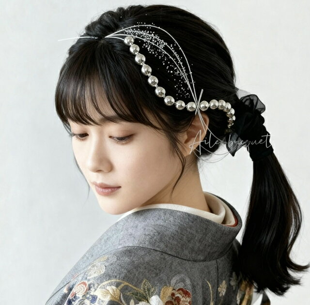 和装　髪飾り　ボールチェーン　シルバー　ボール　リボン　黒　成人式　着物　振袖　色打掛　白無垢　ヘッドドレス　水引き　プリザーブドフラワー 透かし　ヘッドピース　ヘアアクセサリー　結婚式 ウェディング ブライダル コーム