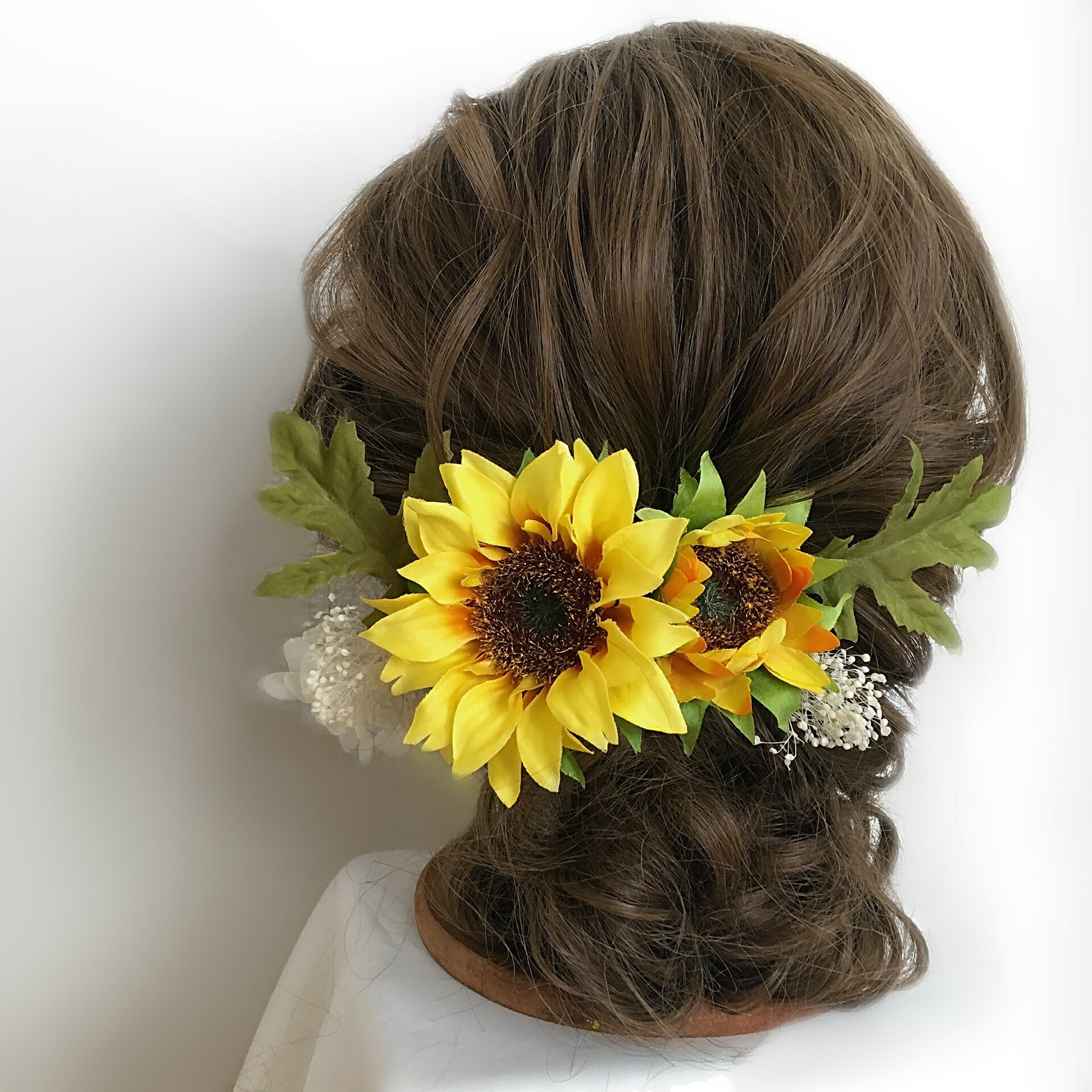 髪飾り 造花 花 ひまわり 向日葵 ヘッドドレス 花 ゴールド かすみ草 リーフ プリザーブドフラワー 透かし ヘッドピース ヘアアクセサリー 結婚式 ウェデ...