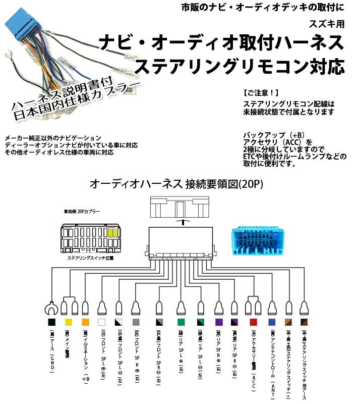 スズキ ステアリングリモコン対応 オーディオハーネス 20ピン キザシ H21/10 〜 配線 配電図付 ナビ取付　載せ替え 市販社外ナビ取付