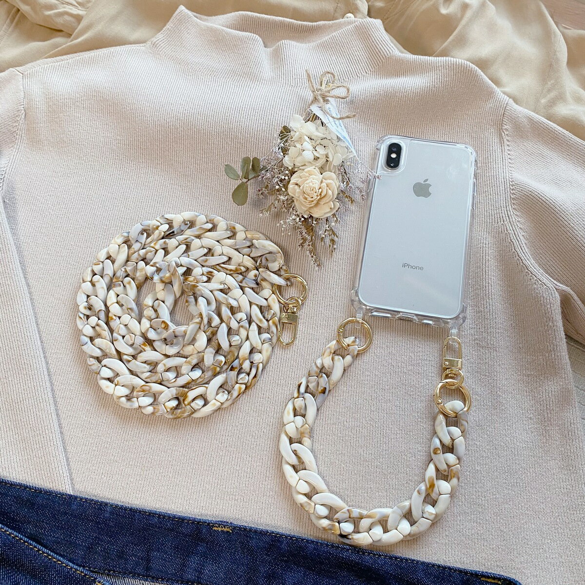 【iPhone16シリーズ取り扱いあり】べっ甲柄iPhoneストラップ　スマホストラップ　ショルダーストラップ　チェーンストラップ 2