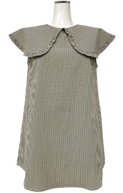 Rakuten - Big Collar Check Blouse（beige）　女性 レディース トップス ブラウス ノースリーブ フリル ボタン 襟 ビッグカラー チェック チェック柄 レトロ 大人可愛い ガーリー ベージュ BEIGE アパレル A.D.G エーディージー 送料無料 残りわずか