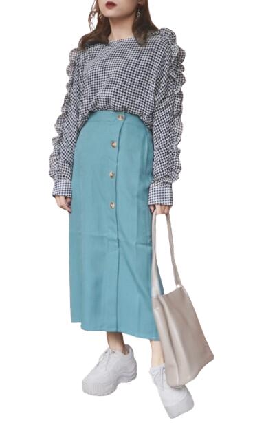 Rakuten - Button Design H-Line Skirt（green）【新作スカート】【グリーン/緑】【タイトスカート】【ロングスカート】【ボタン】【ウエストゴム】【春物スカート】【ADG】【A.D.G】【エーディージー】送料無料