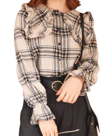 Rakuten - CHECK SAILOR COLLAR FRILL BLOUSE(beige)　女性 レディース トップス ブラウス フリル チェック柄 襟 ベージュ ガーリー 可愛い レトロ 20代 送料無料 アパレル 通販 A.D.G エーディージー ADG