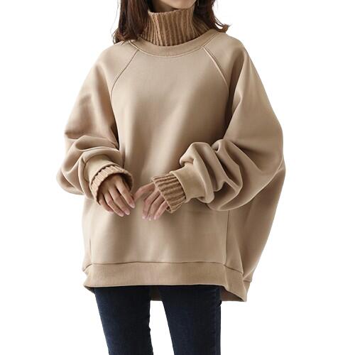 Rakuten - Knit Rib Oversized Sweat PO (Light beige) レディース スウェットトップス トレーナー ライトベージュ タートルネック　ニットリブ 長袖 裏起毛 ロングスリーブ オーバーサイズ ルーズなサイズ感 ビッグサイズ 女性 ファッション お洒落 おしゃれ ADG 送料無料