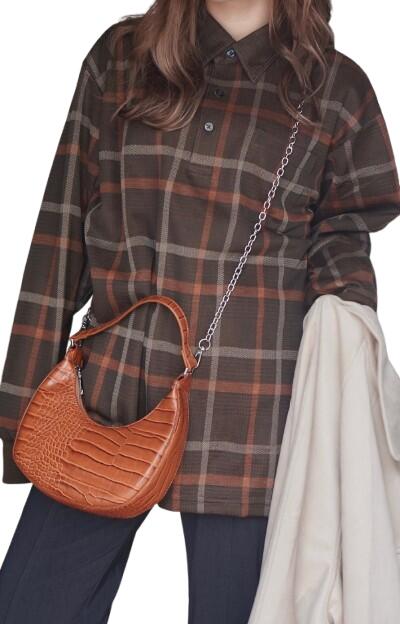 Rakuten - Oversized Check L/S Polo Shirts (brown)　ポロシャツ　オーバーサイズ　ビッグシルエット　タータンチェック　総柄　ブラウン　茶色　韓国ファッション　レディース　婦人服　ユニセックス　男女兼用　秋　冬　カジュアル　通販　送料無料　A.D.G　エーディージー