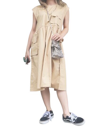Rakuten - No-Sleeve Pocket Design Onepiece（beige）【ノースリーブ】【ワンピース】【ベージュ】【綿/cotton】【ADG】【A.D.G】【エーディージー】送料無料