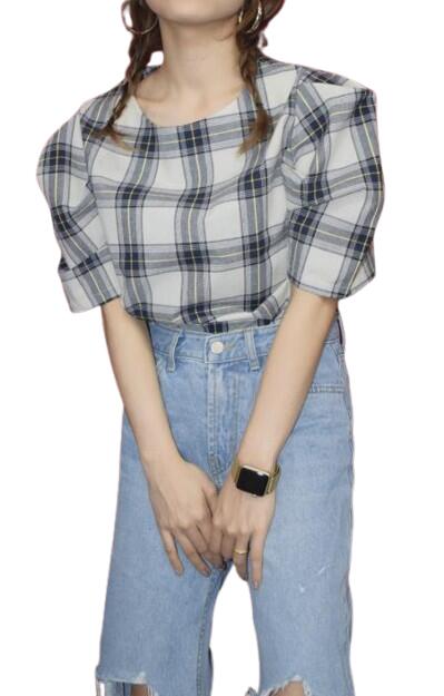 Other - Design Shoulder Check Tops 女性 レディース 半袖 チェック グレー モノトーン 夏服 アパレル エーディージー 送料無料