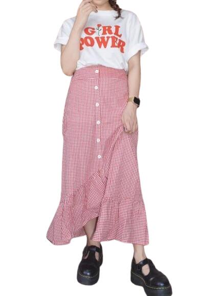 Rakuten - Irregular Hem-Frill Check Skirt (RED)　女性 レディース ガーリー レッド 赤 ギンガムチェック ロングスカート フリル 送料無料