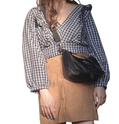 Rakuten - Monotone Check Back Ribbon Tops　レディース　女性　モノトーン　チェック　黒　白　バックリボン　後ろリボン　　フロント　フリル　長袖　トップス　ショート丈　大人かわいい　フェミニン　韓国系ファッション　原宿系ファッション　A.D.G　エーディージー　送料無料