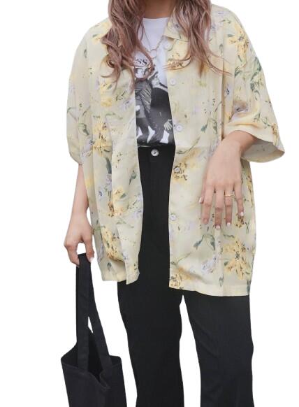 Rakuten - Oversized Floral Sheer Shirts (lemon yellow) 女性 レディース トップス シャツ ブラウス　シアー　透け感　オーバーサイズ　ビッグサイズ　花柄　レモンイエロー　春　夏　ガーリー　フェミニン　カジュアル　大人かわいい　韓国　原宿　A.D.G　エーディージー　送料無料