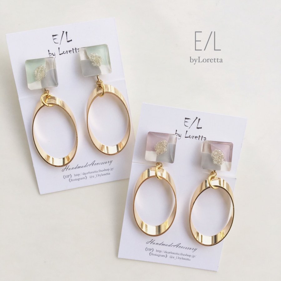 (全2色)Square 3color oval hoop pierce/earring　アクセサリー　ピアス　イヤリング　GOLD　ゴールド　金　透明　グリーン　緑　ピンク　石竹色　レディース　女性　大人可愛い　フェミニン　上品　お洒落　おしゃれ　カジュアル　エルバイロレッタ　E/L byLoretta　E/L