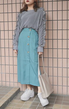 Button Design H-Line Skirt（green）【新作スカート】【グリーン/緑】【タイトスカート】【ロングスカート】【ボタン】【ウエストゴム】【春物スカート】【ADG】【A.D.G】【エーディージー】