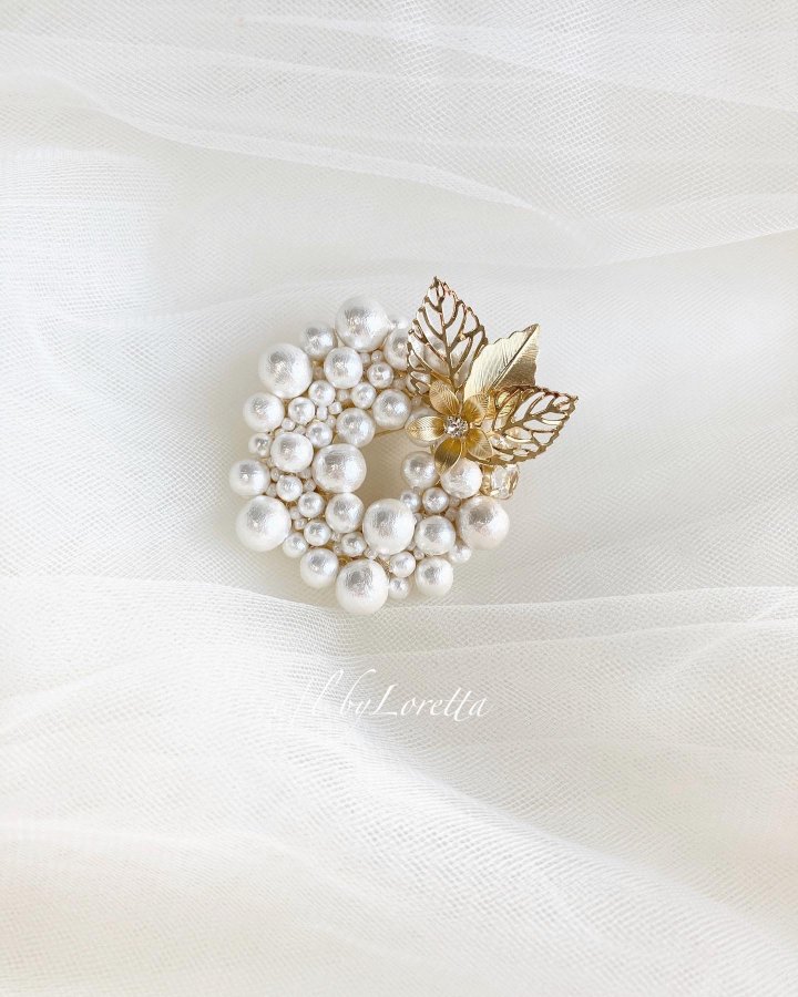 Leaf flower ~ quartz cotton pearl volume circle brooch@ANZT[@u[`@GOLD@S[h@@WHITE@zCg@@fB[X@@@l@tF~j@i@@@JWA@GoCb^@E/L byLoretta@E/L