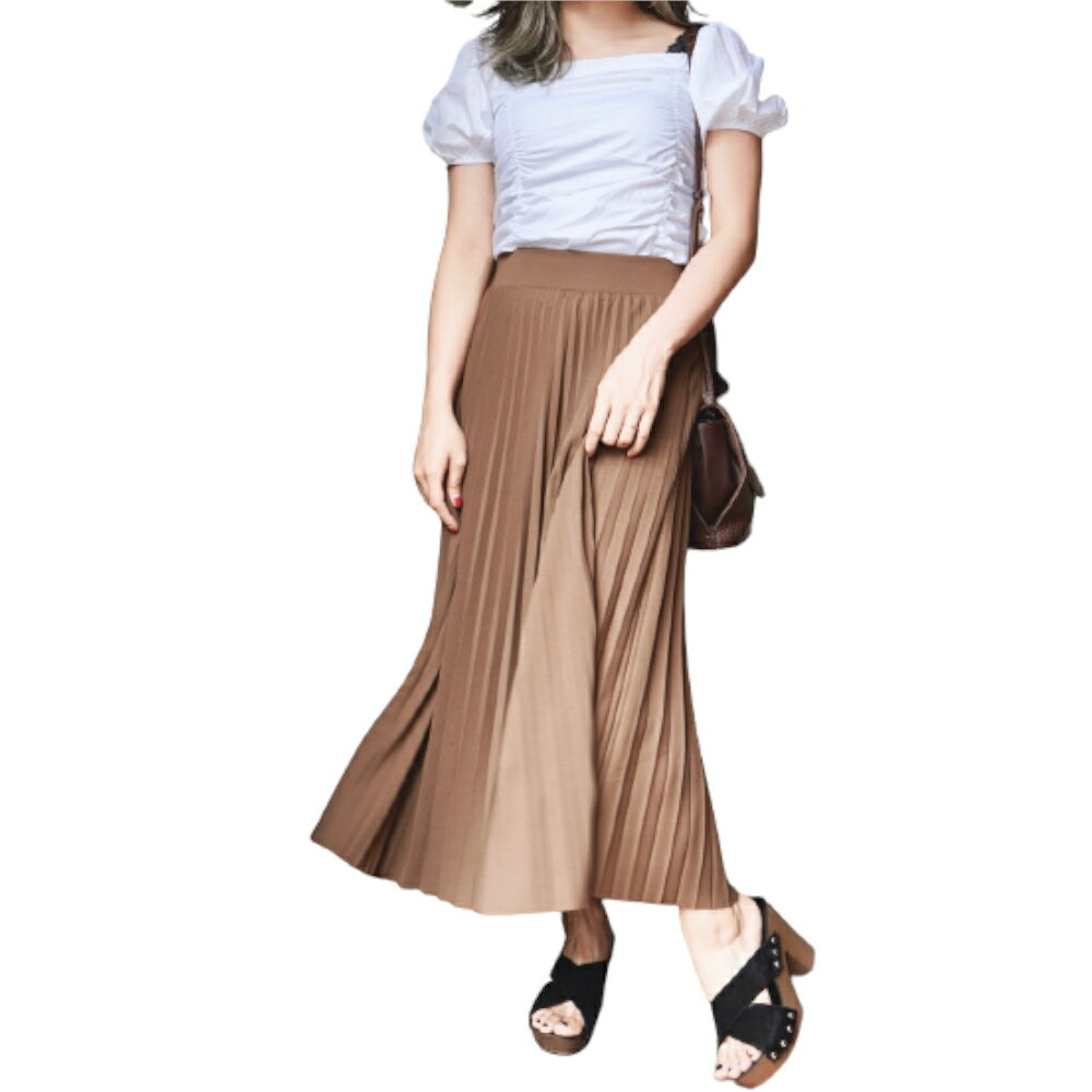 Pleats Flare Long Skirt (mocha brown)@