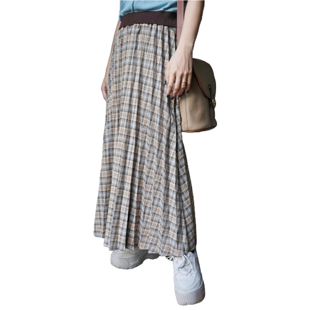 Beige Check Pleats Long Easy Skirt `FbN Lk aw H~ OXJ[g ADG A.D.G G[fB[W[ 