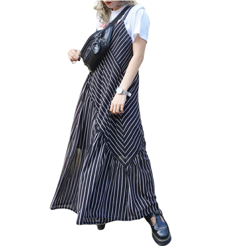 Stripes Wide Sheer Salopette Pants(black)サロペット オールインワン ワンピース ワンピ ワイド 黒 白 ホワイト クレイジーパターン ADG A.D.G エーディージー 送料無料