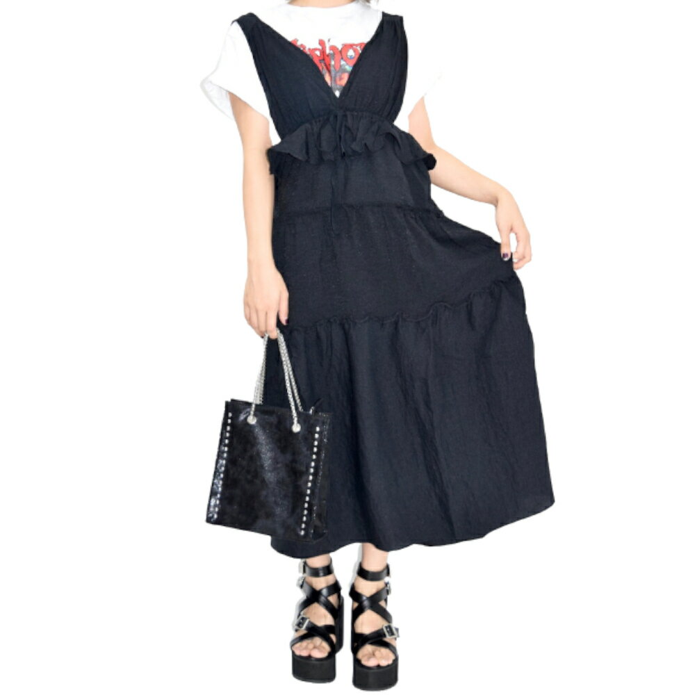 Frill Tiered Black Long Jumper Skirt レディース ボトムス ジャンパースカート ワンピース フリル 黒 BLACK ブラック ティアード ロング リボン ウェストゴムIN 裏地あり カジュアル かわいい おしゃれ ギャル 森ガール ADG エーディージー A.D.G 送料無料