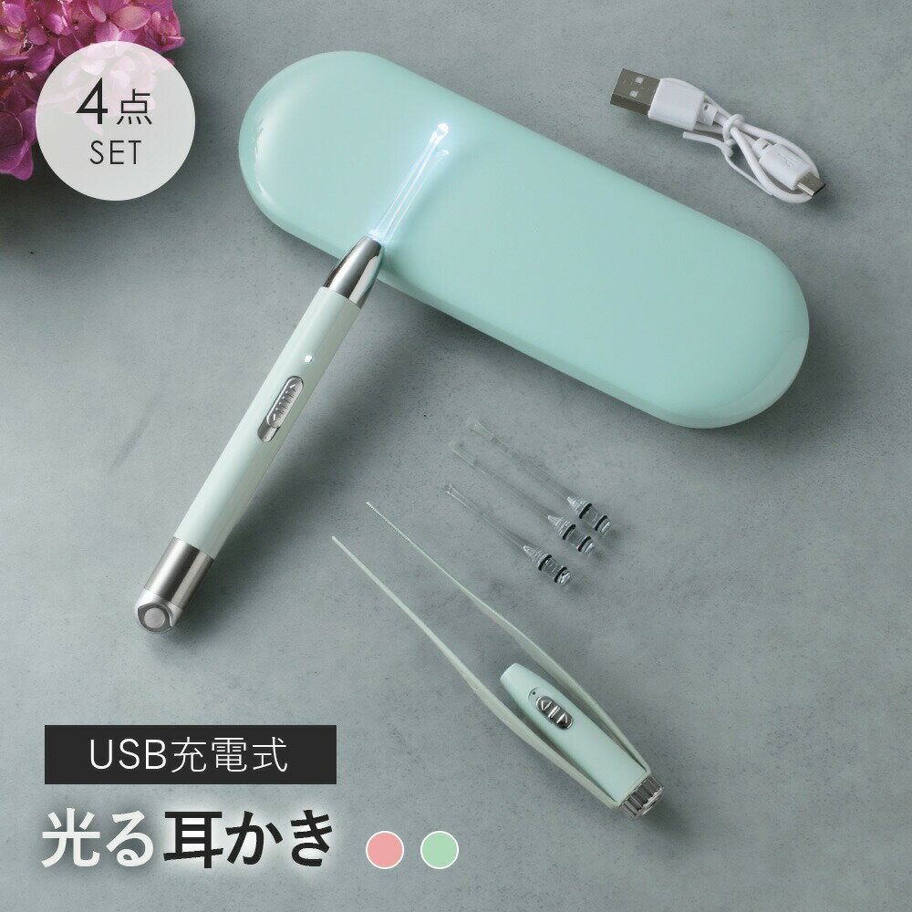 【クーポン利用で30％OFF】 LEDライト付き耳かき 4点SET 光る耳かき USB充電式 水洗い可 ケース付き（3）