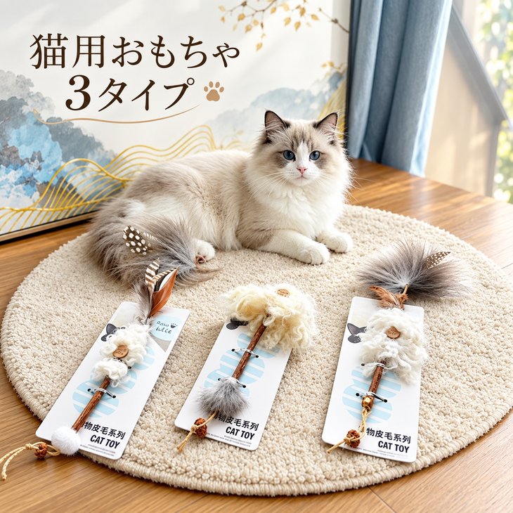 商品紹介ロングフェザーやファーボールなど、先端のデザインが異なる3タイプの猫じゃらし。愛猫の好みを思い浮かべながら選べます。スペック【タイプ】ロングフェザー／ファーボール／ファーフェザー（3タイプ）【対象】猫用おもちゃ【素材】羽根・ファー注意事項・海外製品につき、サイズや色味に若干の個体差がある場合がございます。・手作業による採寸のため、多少の誤差はご了承ください。・輸入時期や製造ロットにより、同じ柄でも色味やサイズに違いが生じる場合がございます。・モニターや撮影環境により、実際の商品の色と若干異なる場合がございます。・海外製品につき、日本製品より縫製が甘い、若干の汚れ等ある場合がございます。・ご注文後、在庫切れや入荷遅延が生じることがございますので、余裕をもってご注文ください。・使用時の破損や事故等につきましては責任を負いかねます。・輸入品の為、輸送の際に生じるキズ・汚れ・箱潰れがある場合がございますが新品です。・サイズ・重量は、多少の誤差が生じる場合がございます。・あくまで画像はイメージですので、商品改良の為パッケージや一部仕様が少し変更になる場合もございます。・お使いのブラウザや設定により、画像と実際の商品との若干の色の違いが生じる場合がございます。・海外製品につき、糸のほつれ・ゆがみ・縫製の甘さ等がございます。ご理解の上、ご購入をお願いいたします。