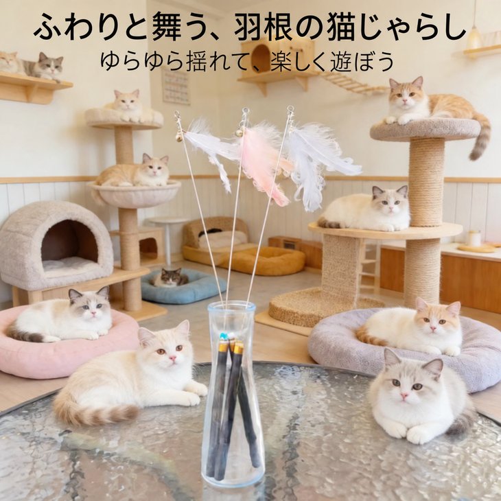 商品紹介ふわりと広がる羽根が目を引く、シンプルな猫じゃらし。ホワイト・ピンク・グレーのやさしい色合いと、黒い持ち手の組み合わせが印象的です。愛猫と遊ぶひとときに取り入れやすいデザインですスペック■商品名：羽根付き猫じゃらし■サイズ：全長 約43cm■カラー：ホワイト、ピンク、グレー■素材表示：天然木、スチールワイヤー、羽根注意事項・海外製品につき、サイズや色味に若干の個体差がある場合がございます。・手作業による採寸のため、多少の誤差はご了承ください。・輸入時期や製造ロットにより、同じ柄でも色味やサイズに違いが生じる場合がございます。・モニターや撮影環境により、実際の商品の色と若干異なる場合がございます。・海外製品につき、日本製品より縫製が甘い、若干の汚れ等ある場合がございます。・ご注文後、在庫切れや入荷遅延が生じることがございますので、余裕をもってご注文ください。・使用時の破損や事故等につきましては責任を負いかねます。・輸入品の為、輸送の際に生じるキズ・汚れ・箱潰れがある場合がございますが新品です。・サイズ・重量は、多少の誤差が生じる場合がございます。・あくまで画像はイメージですので、商品改良の為パッケージや一部仕様が少し変更になる場合もございます。・お使いのブラウザや設定により、画像と実際の商品との若干の色の違いが生じる場合がございます。・海外製品につき、糸のほつれ・ゆがみ・縫製の甘さ等がございます。 ご理解の上、ご購入をお願いいたします。