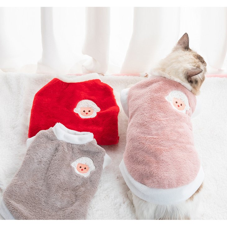 猫服 冬用ボアベスト ふわふわ キャットウェア 防寒 ペット服 ノースリーブ 背中刺繍 白い縁取り 5色 XS S M L XL レッド ピンク オレンジ グリーン グレー【a857】