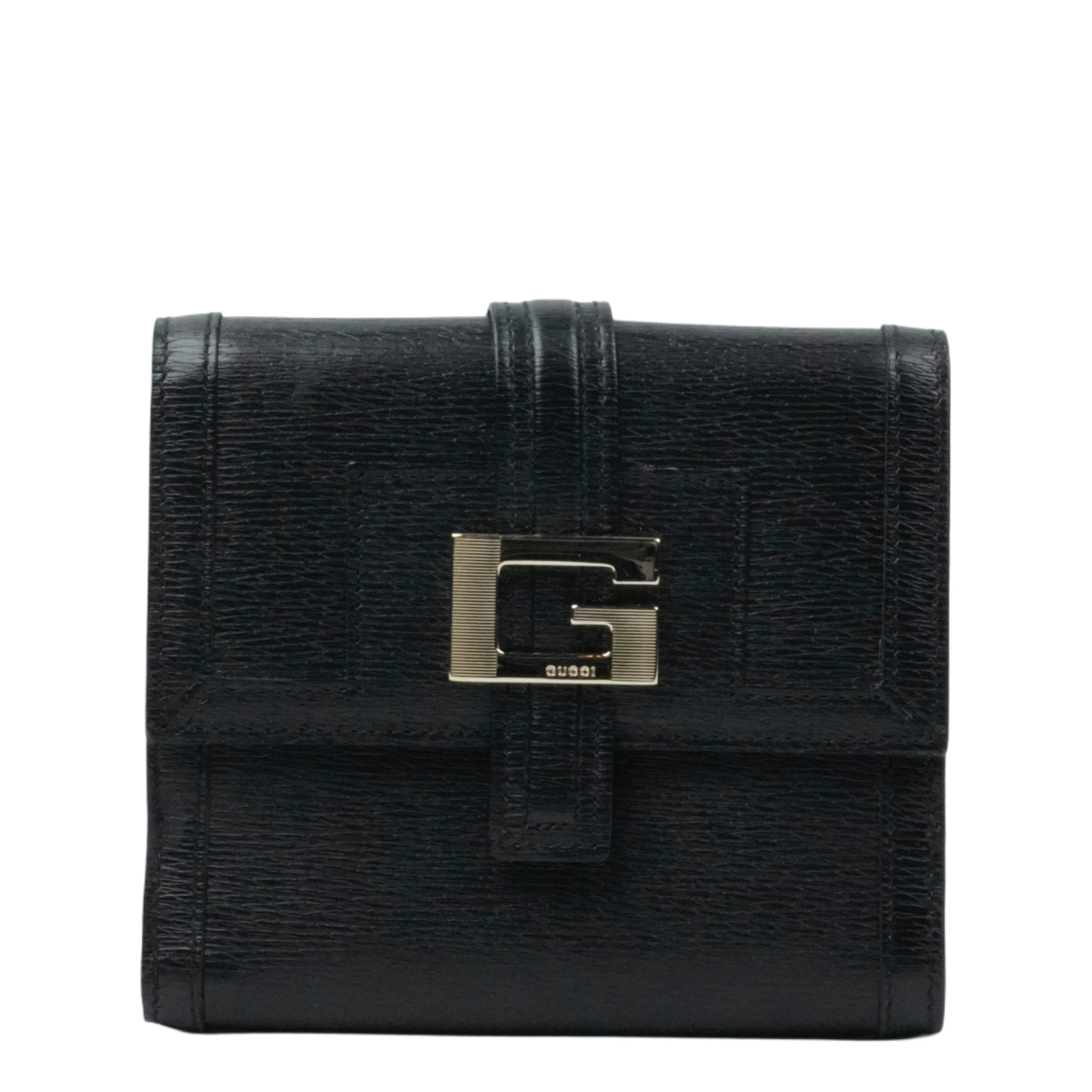 【中古・VINTAGE】GUCCI グッチ ロゴ Wホック コンパクト財布 レザー ブラック ヴィンテージ Leather L..
