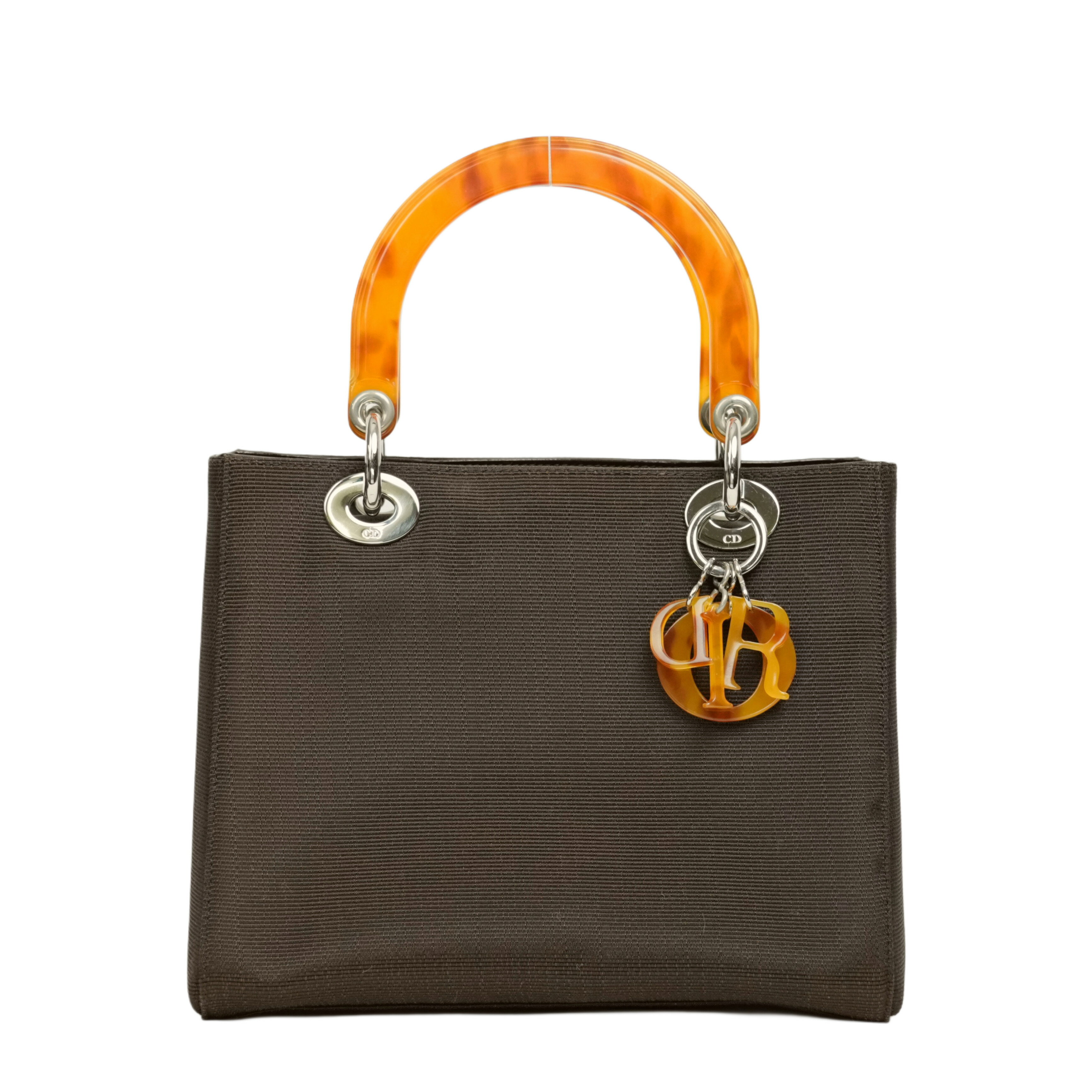 【中古・VINTAGE】 CHRISTIAN DIOR クリスチャン ディオール レディディオール ハンドバッグ ブラウン イエロー シルバーキャンバス ヴィンテージ Lady Dior Handbag