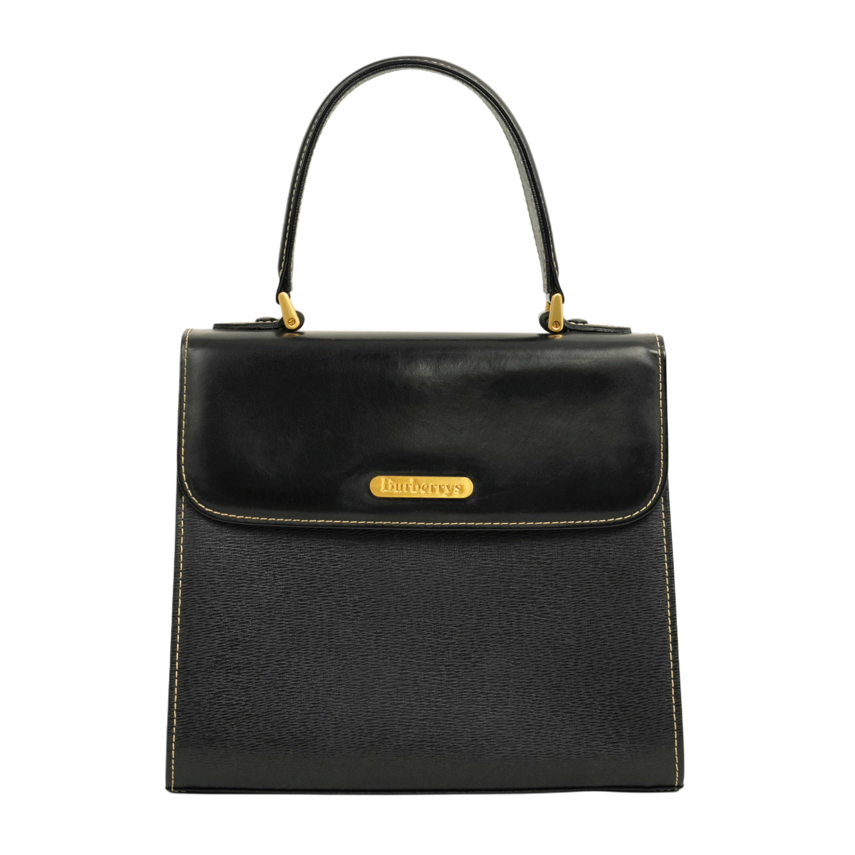 【スーパーSALE P5倍＆クーポン】【中古・VINTAGE】BURBERRY バーバリー ハンドバッグ ブラック ゴールド レザー ヴィンテージ Handbag