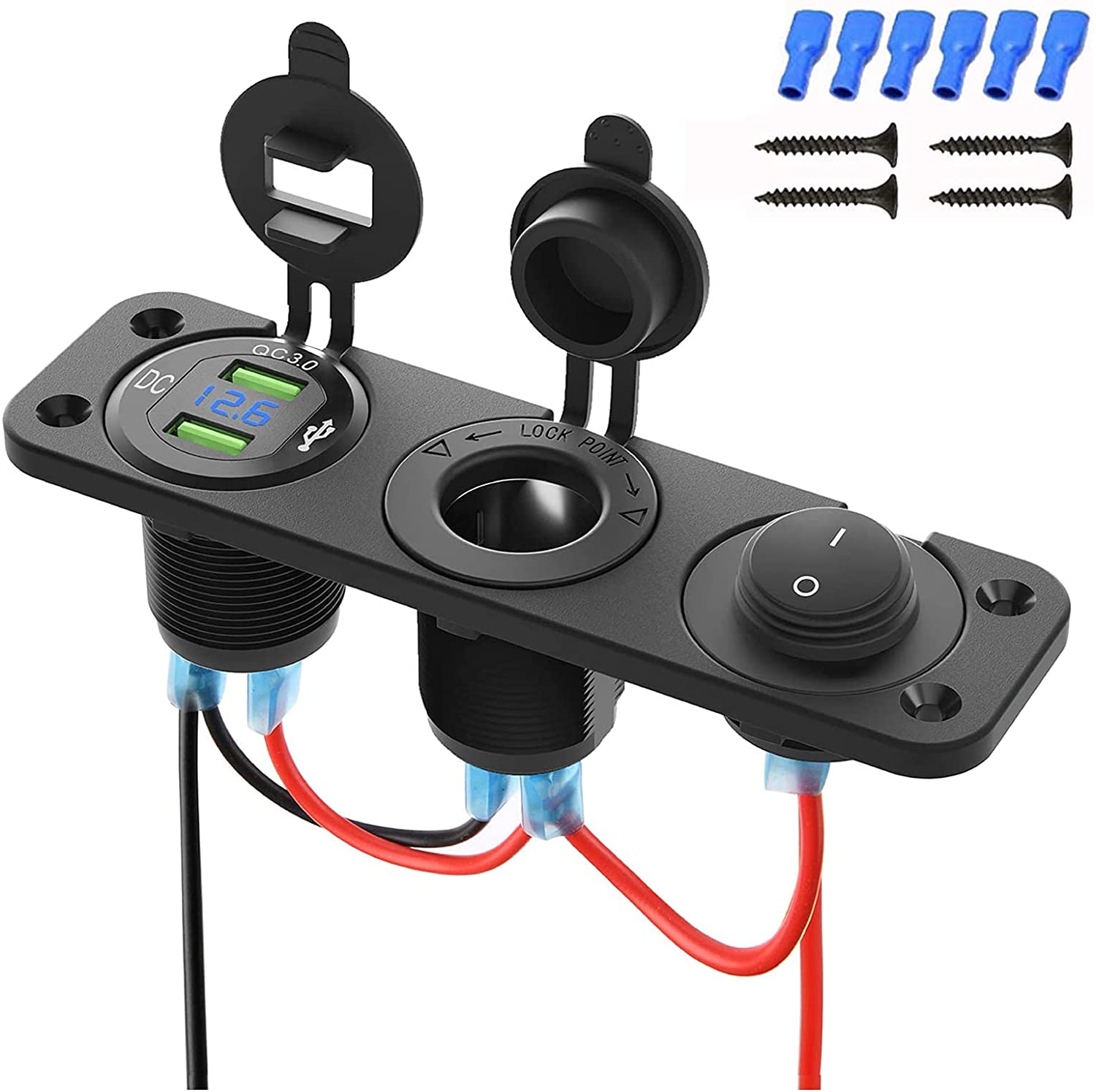 ■商品説明■ ●電源入力：DC 12V-24V ●デュアルQC3.0 USB標準出力電圧：5V ●QC3.0 USBポートの出力：18W ; DC 3.6-6.5V/3A、DC 6.5V-9V/2A、DC 9V-12V/1.5A ●12Vデバイスに取り付けた最大電力：120W ●24Vデバイスに取り付けた最大電力：250W ●防水性：IP66 ●動作温度：-25℃-80℃ ●材質：ABS(パネル) + アルミニウム(ネジ) 【デュアルQC3.0 USB急速充電】Kohree車載急速充電器はスマートICと急速充電技術を採用し、対応機器をわずか30分~35分で最大80%充電可能。従来の充電器より最大4倍の充電スピードを実現可能な18W/3A QC3.0 USBポートを2つ備えています。合計出力最大120W (12V) / 250W (24V)。 【独立ロッカースイッチ＆LED電圧表示】このマリンパネルに独立したオン/オフスイッチが搭載されており、操作簡単かつ省電力。なお、LED電圧計付きで6-24V電圧を表示します。リアルタイムで車やオートバイの正解な電圧状態を読み、車の健康状態をすぐ確認できます。 【複数の安全保護機能】このスイッチパネルが10Aヒューズを内蔵し、過熱保護、過充電保護、過電流保護、過電圧保護、過負荷保護、低電圧、および短絡保護を提供し、ご愛車のバッテリーに障害を与えずに高速で安全な充電が可能す。 【IP66防水＆取り付け簡単】 この車用充電器はABS製で、耐食性、優れた熱放散、耐摩耗性が特徴です。全体的にIP66防水、それぞれの保護蓋付き、水や埃を防ぎ、内部回路を保護してカーチャージャーパネルの寿命を確保します。簡単な埋め込み式でネジで固定してから、赤線をバッテリー「+」に接続し、黒線をバッテリー「-」に接続して使えます。 【12V/24V幅広く適用】このシガーパネルはDC12V/24Vの自動車、トラ ック、トレーラー、バス、船、オートバイ、ATV、RV、ボート、トラクターなどに適用されます。携帯電話、GPS、デジタルカメラ、ドライブレコーダーなどのUSBデバイスの充電をサポートできます。 ◇ ご注意 ※ 全商品、「離島.一部地域」は別途 送料が掛かります。 ※検品を行っておりますが輸入品のため、多少の傷や汚れ等はご了承下さい。