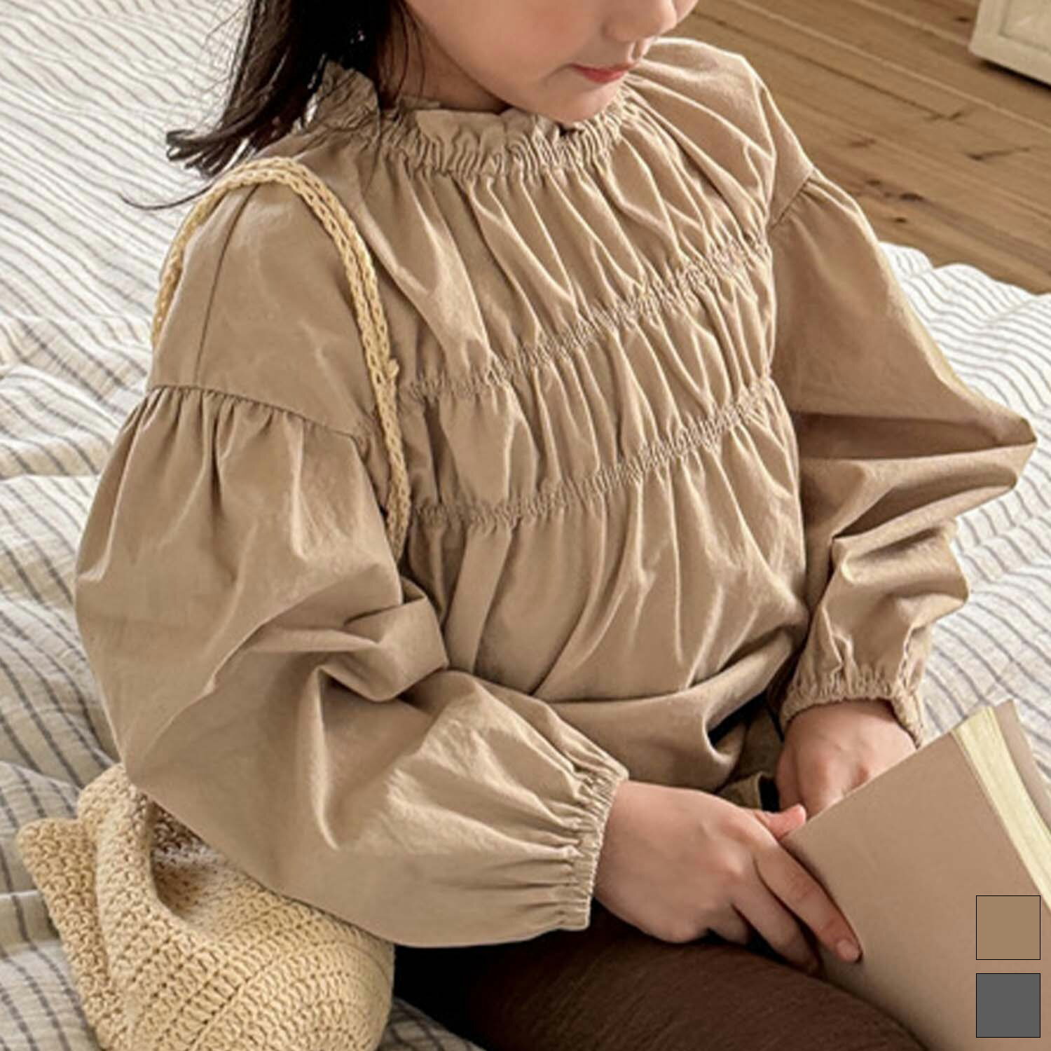 【2025NEW】 【aimoha-KIDS-】シャーリングブラウス 子供用 ブラウス シフォン フリル ふんわり シンプル カジュアル おしゃれ 春秋 コーデ 軽やか 着心地抜群