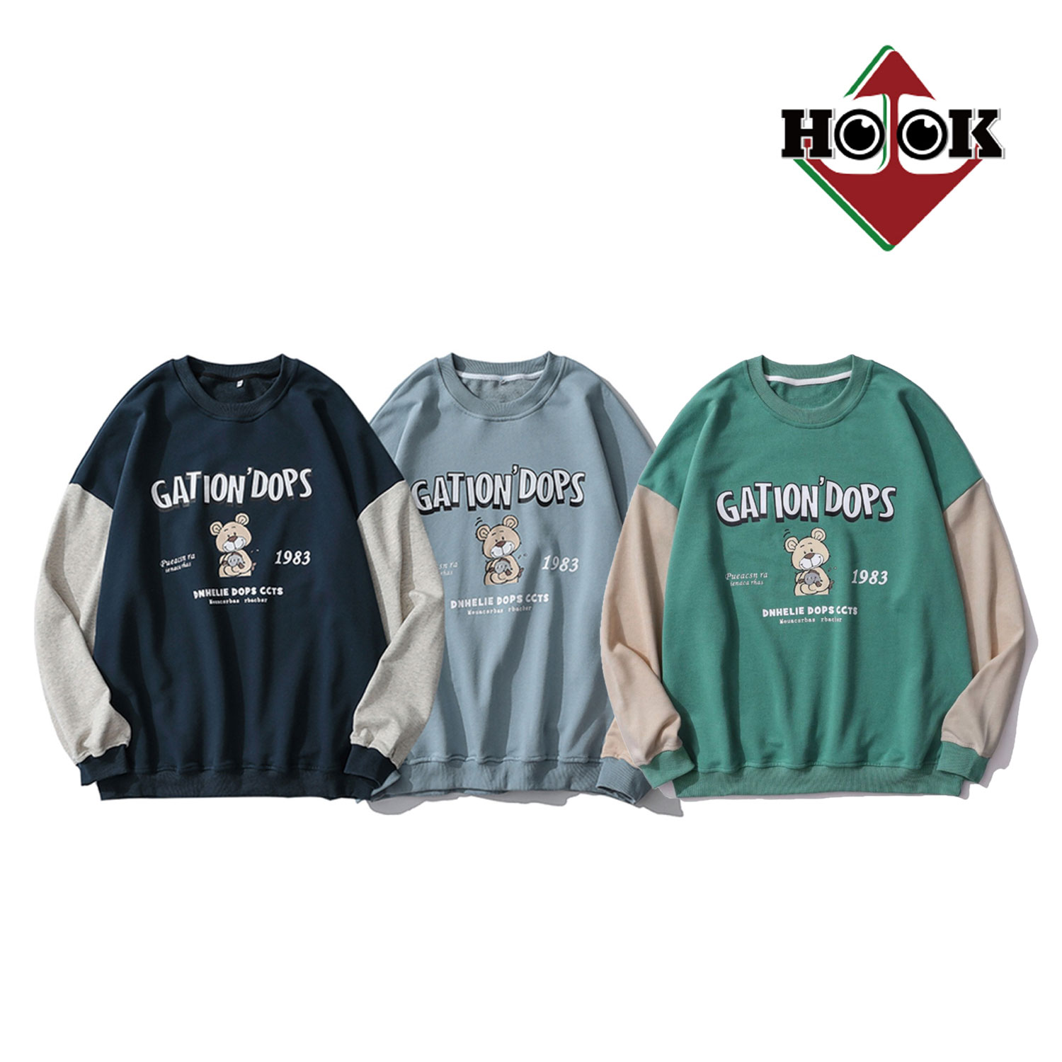 【15%OFF】カップル ペアルック トレーナー スウェット お揃い 服 ビッグシルエット メンズ レディース オーバーサイズ ユニセックス 韓国ライク おそろ オルチャン ファッション クマ ストリート 袖切り替え【HOOK】*のサムネイル