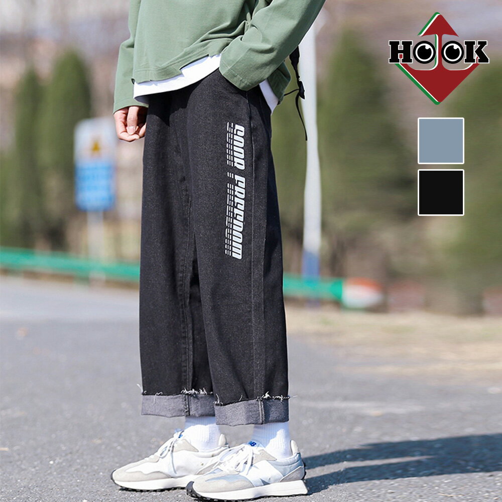 デニムパンツ ワイド デニムワイドパンツ メンズ お揃い 服 春 夏 秋 ビッグシルエット メンズ レディース オーバーサイズ ユニセックス 韓国ライク おそろ オルチャン ファッション ストリート 反射プリントロゴ Hook Myjp 日本代購