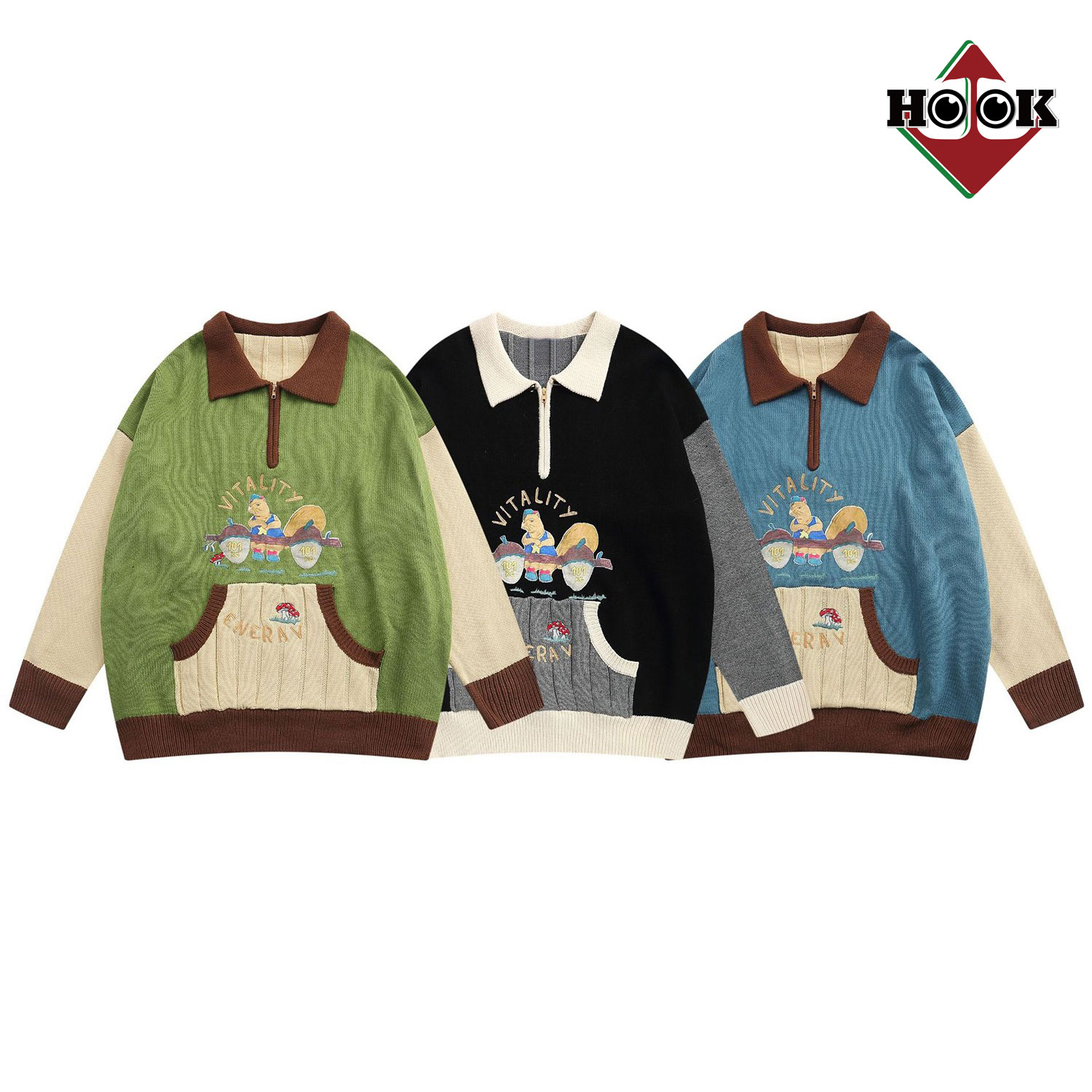 ポロ襟ニット ニット メンズ セーター カップル ペアルック お揃い 服 冬 秋 ビッグシルエット メンズ レディース オーバーサイズ ユニセックス 韓国ライク オルチャン レトロ調 古着風 ストリート【HOOK】のサムネイル
