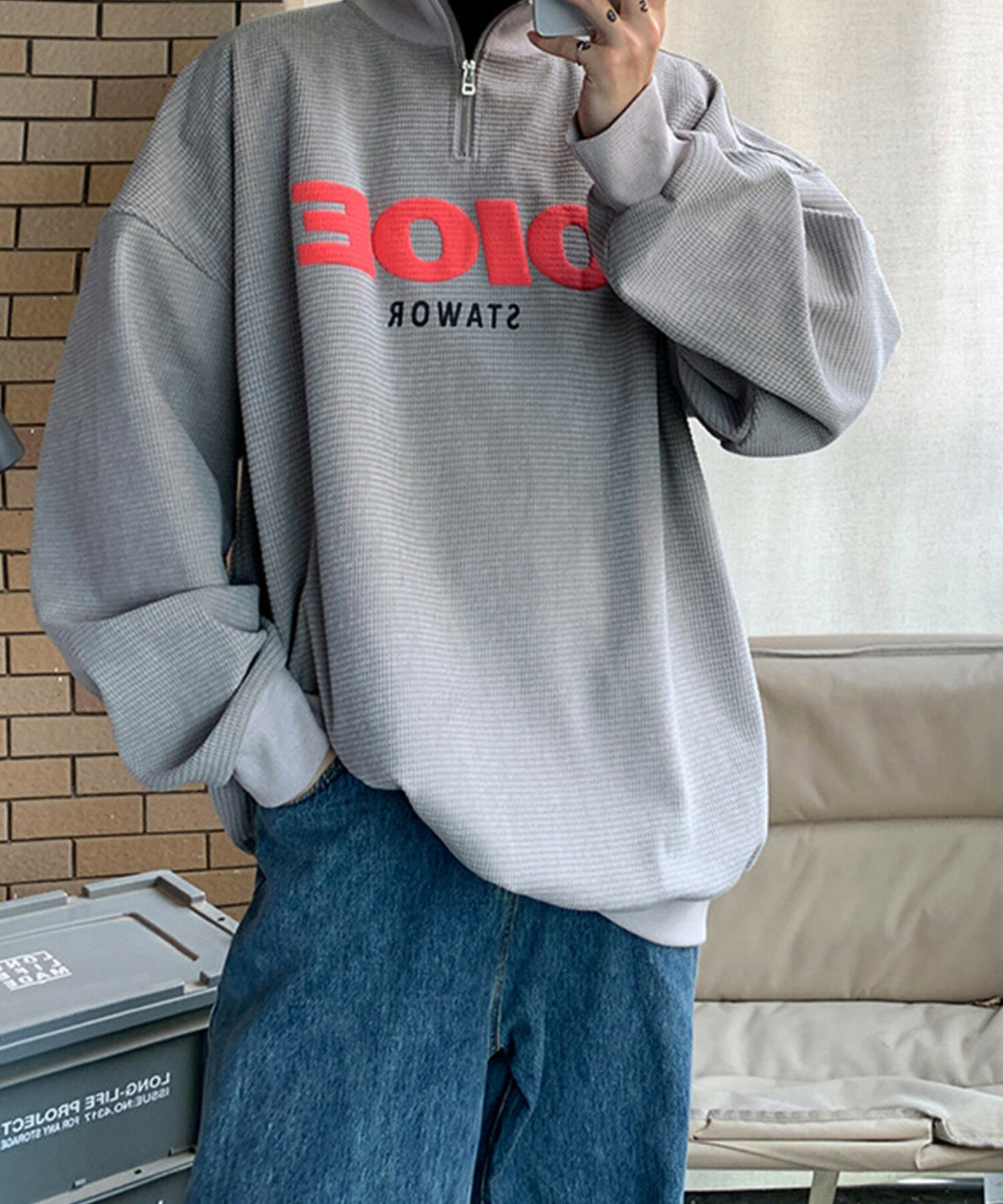 トレーナー メンズ スウェット 長袖 ハーフジップ トップス ユニセックス 韓国 ライク オルチャン ペア お揃い 春 秋 冬 ビッグシルエット プルオーバー ロゴ 発泡プリント 【発砲プリントスウェット】 2