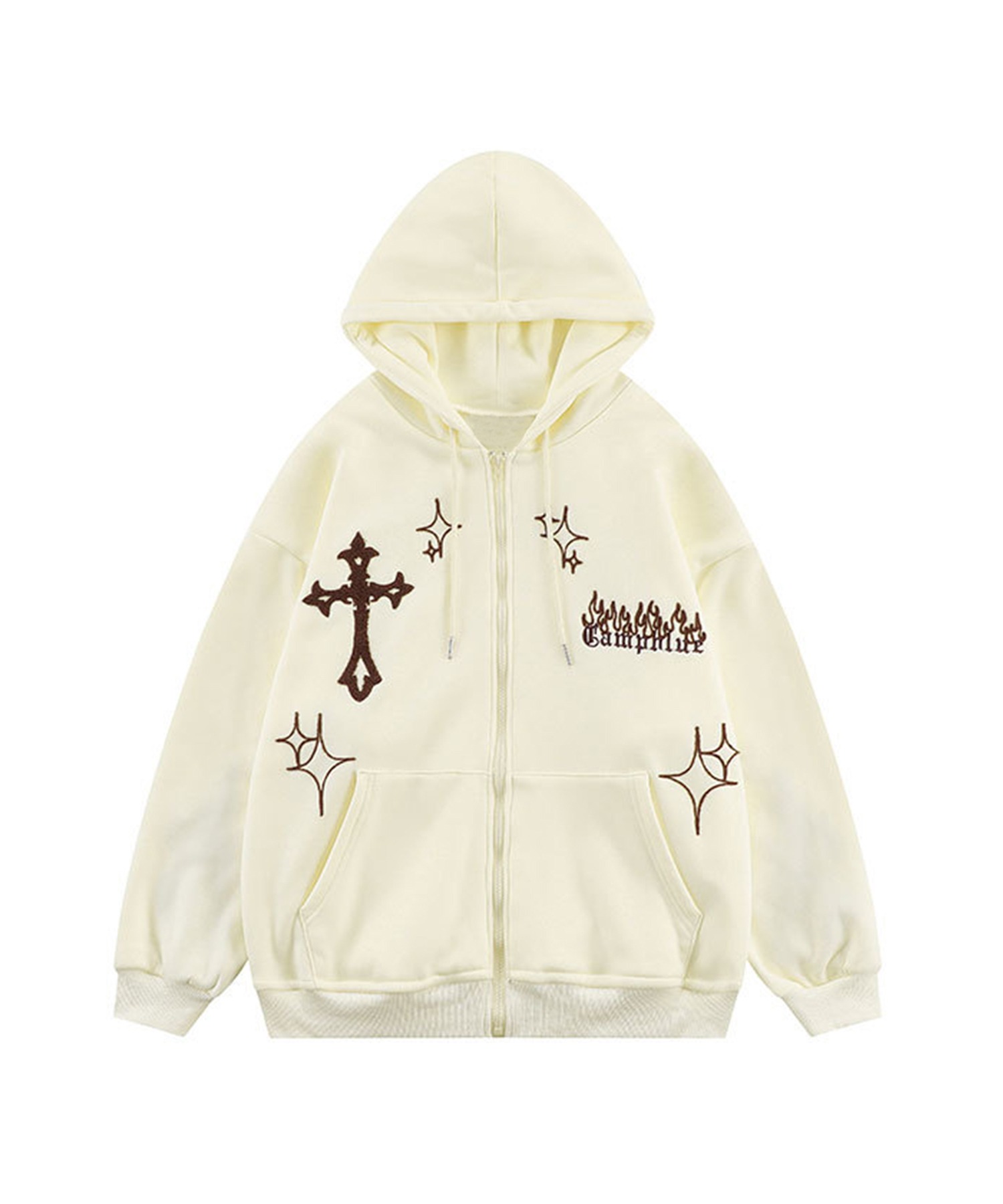 【CR】パーカー ジップアップ メンズ レディース 秋 冬 春 カップル ペアルック フード付き パーカー お揃い 服 ビッグシルエット オーバーサイズ ユニセックス 韓国 ライク クロス 炎 ストリート【HOOK】