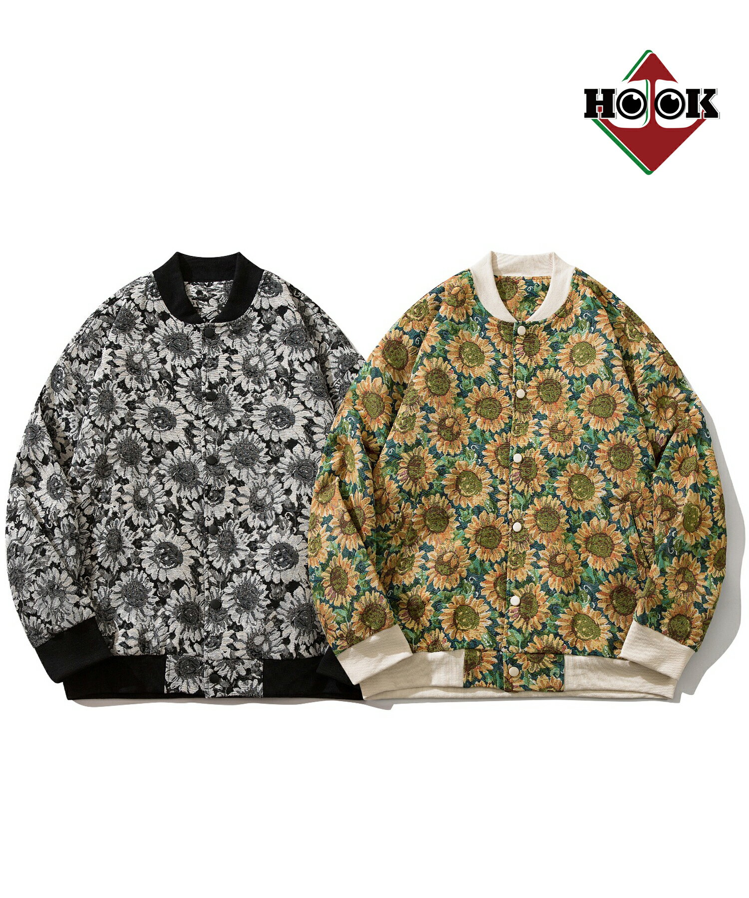 【クーポンで20%OFF!!】ブルゾン メンズ ジャガード カップル スタジャン ひまわり 総柄 お揃い 春 秋 ビッグシルエット メンズ レディース オーバーサイズ ユニセックス 韓国ライク オルチャン ストリート アメカジ ジャガードブルゾン レトロ【HOOK】のサムネイル