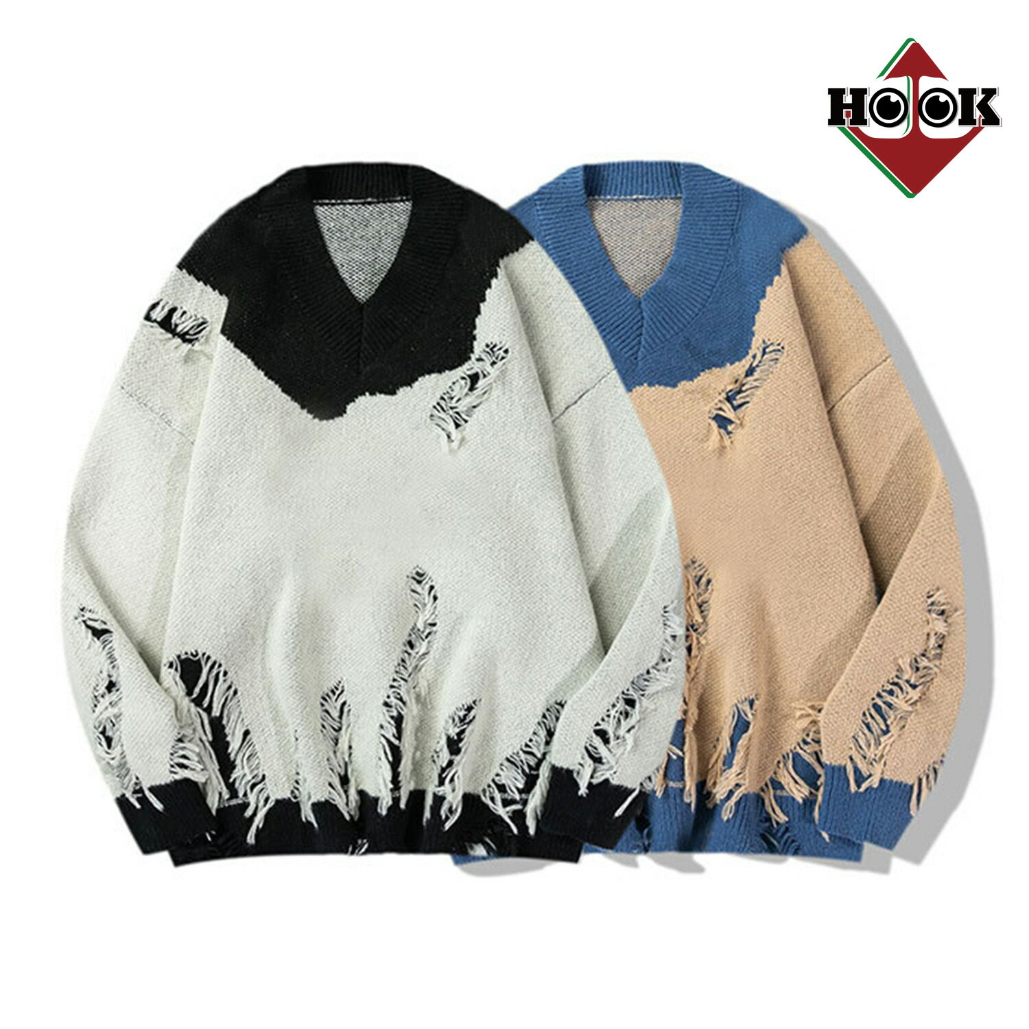 【2025AW】ニット メンズ レディース セーター カップル ペアルック お揃い 冬 秋 ビッグシルエットオーバーサイズ ユニセックス 韓国 ライク オルチャン ダメージ加工 レトロ ストリート ダメージ加工【HOOK】のサムネイル