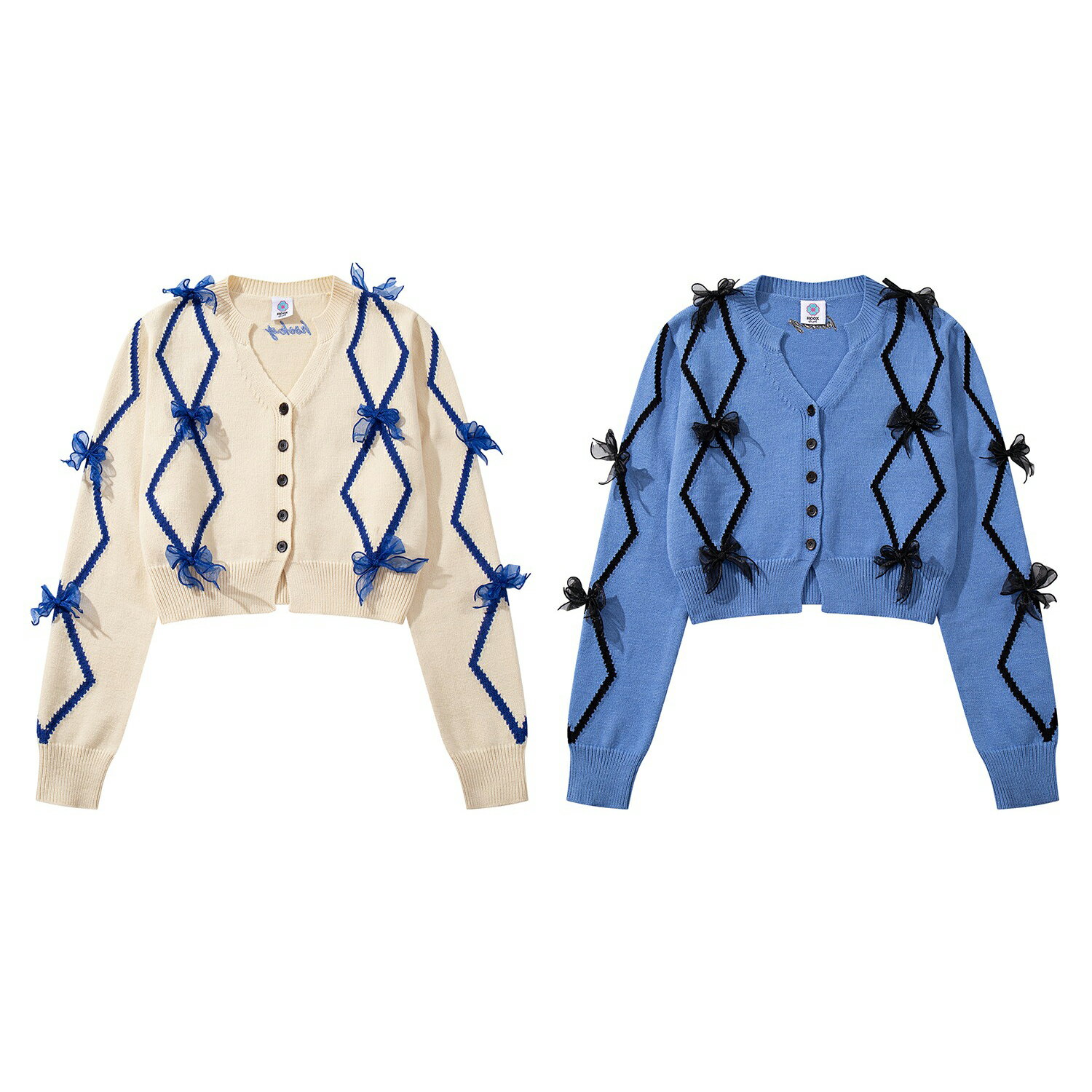 【2025NEW】 【HOOK】for girls リボン付きカーディガン ショット丈 レディース クロップド丈 ボタンデ..