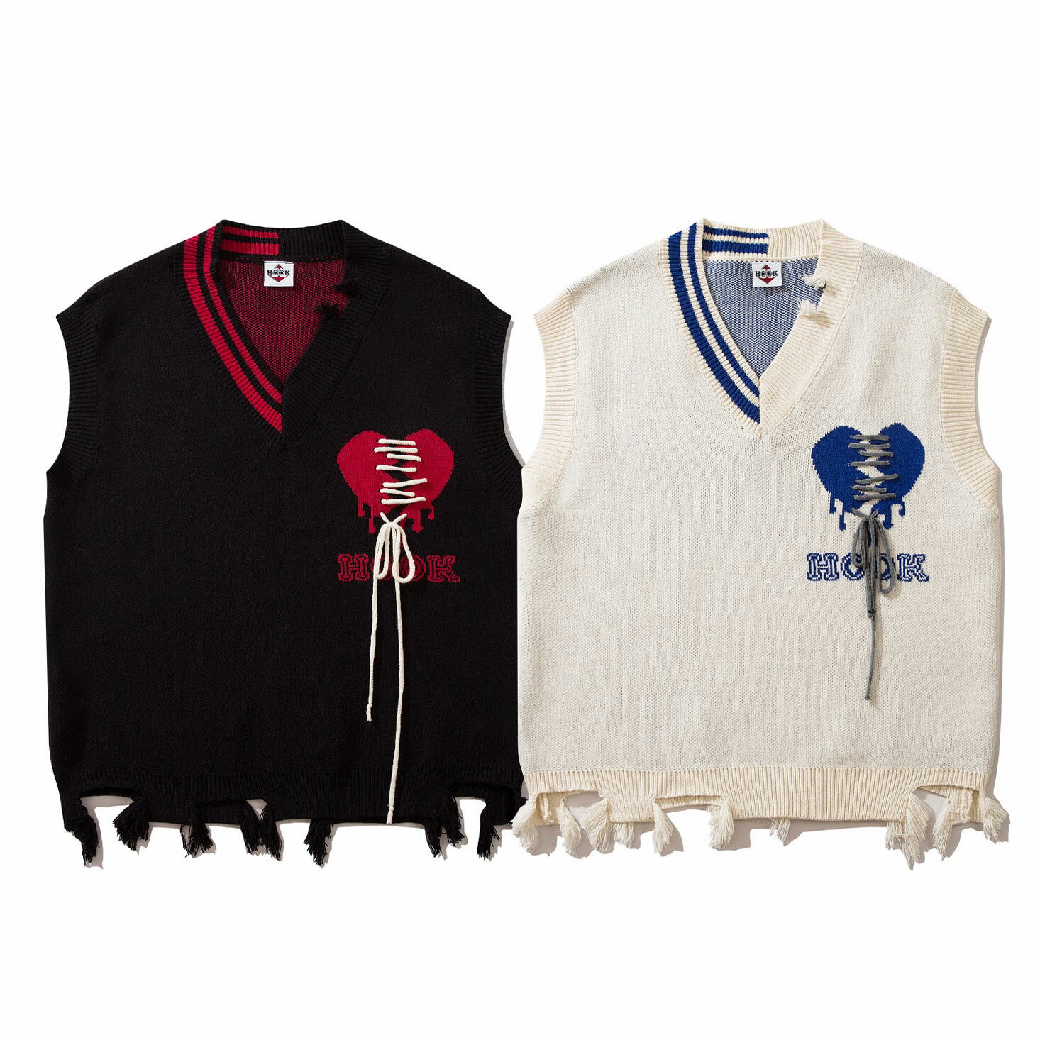 ベスト メンズ ニット Vネックニット セーター ハート お揃い ニットベスト ビッグシルエット メンズ レディース オーバーサイズ ユニセックス 韓国ライク ペアルック 古着風 ストリート アシンメトリー クラッシュ加工【HOOK】