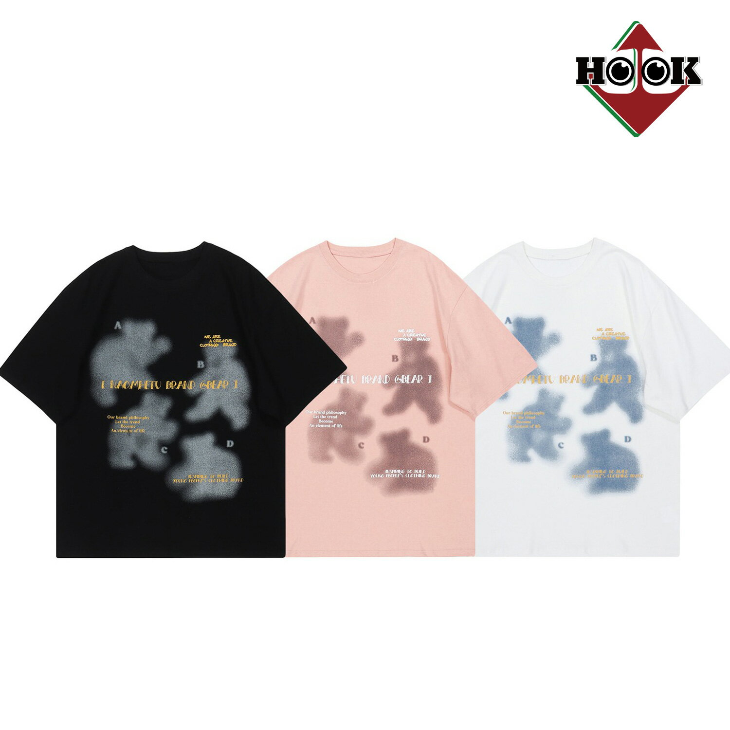【30%OFF】【クリアランス価格★】 tシャツ メンズ レディース 半袖 ロゴ 綿90％ お揃い 春 夏 ビッグシルエット ビッグtシャツ オーバーサイズ ユニセックス 韓国 ライク おしゃれ 熊 クマ ベア 古着風 英字ロゴ アメカジ ストリート【HOOK】のサムネイル