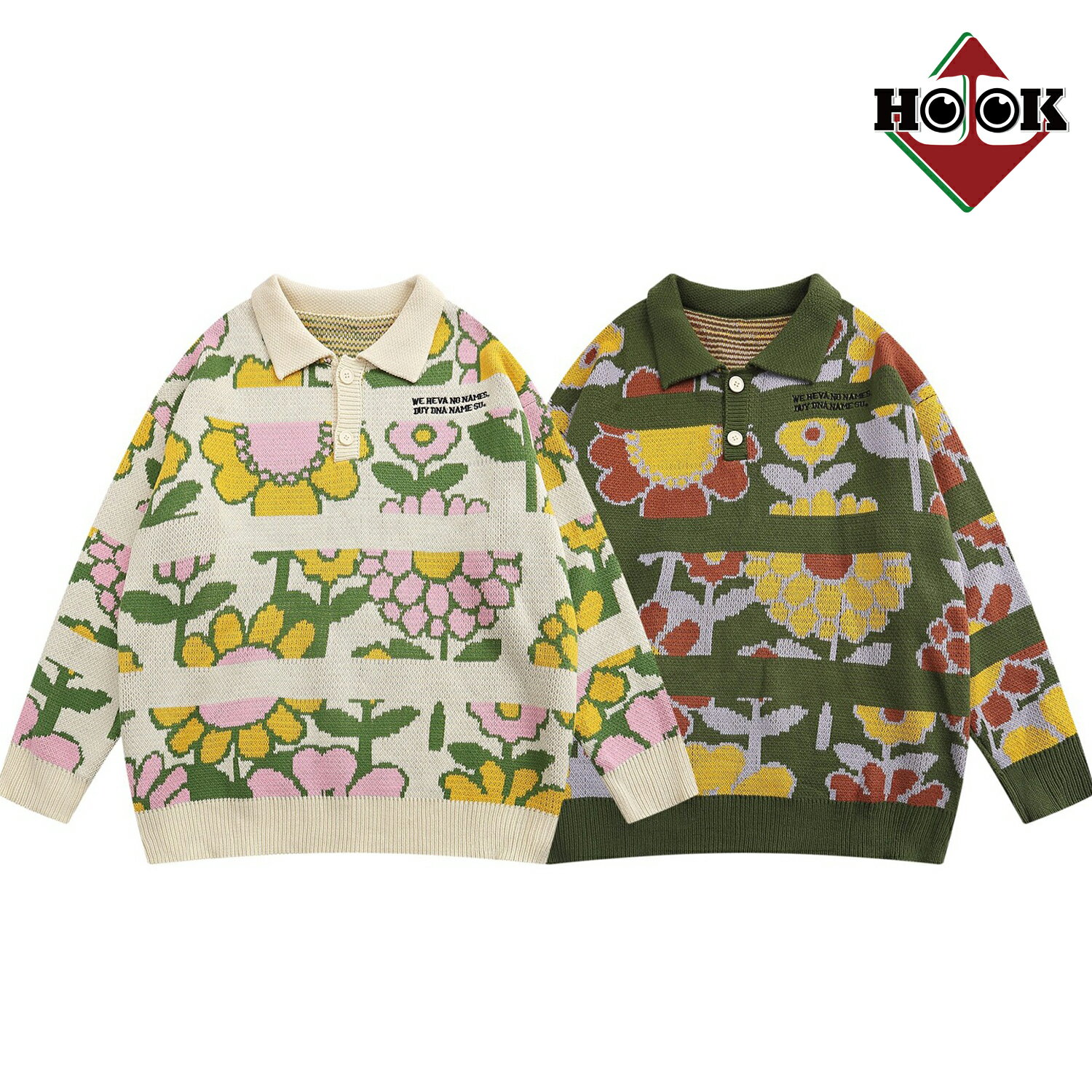 ポロ襟ニット ニット メンズ セーター レトロ 花柄 カップル ペアルック お揃い ビッグシルエット メンズ レディース オーバーサイズ ユニセックス 韓国ライク オルチャン レトロ調 古着風 ストリート【HOOK】のサムネイル