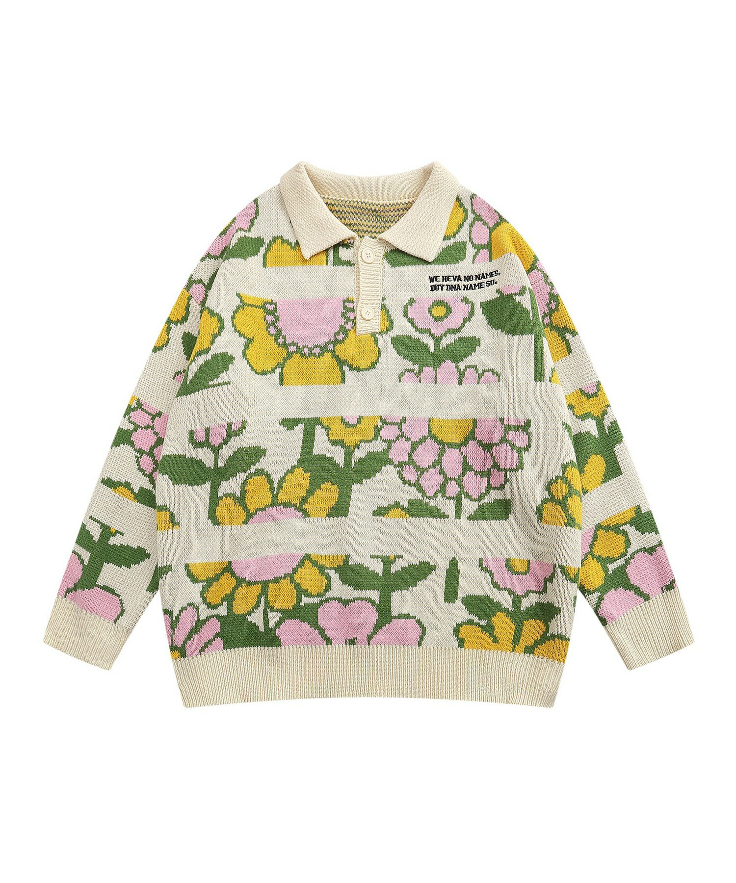 ポロ襟ニット ニット メンズ セーター レトロ 花柄 カップル ペアルック お揃い ビッグシルエット メンズ レディース オーバーサイズ ユニセックス 韓国ライク オルチャン レトロ調 古着風 ストリート【HOOK】 2