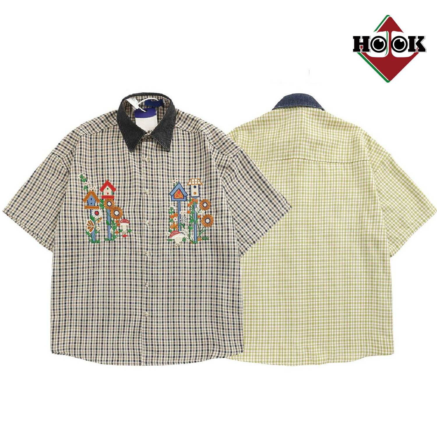 【クーポンで20%OFF!!】シャツ メンズ 半袖 トップス 綿100％ 綿 おしゃれ 半袖シャツ 刺繍 オーバーサイズ ビッグシャツ 韓国ライク ユニセックス メンズ レディース 総柄 ボタン ストリート Yシャツ アメカジ【HOOK】のサムネイル
