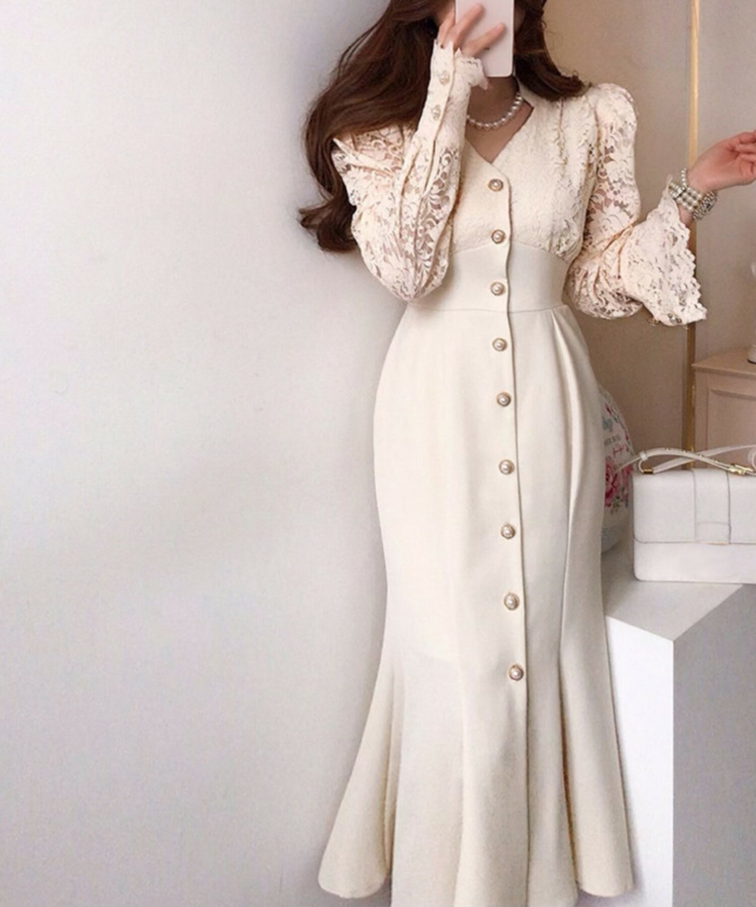 マーメイド ロングワンピース レディース マーメイドワンピース レース マーメイド 韓国 ライク 長袖 ロングスカート 結婚式 二次会 パーティー 上品 綺麗め 韓国 オルチャン かわいい ジャスミン 大人 【レディタイトなセットアップ】