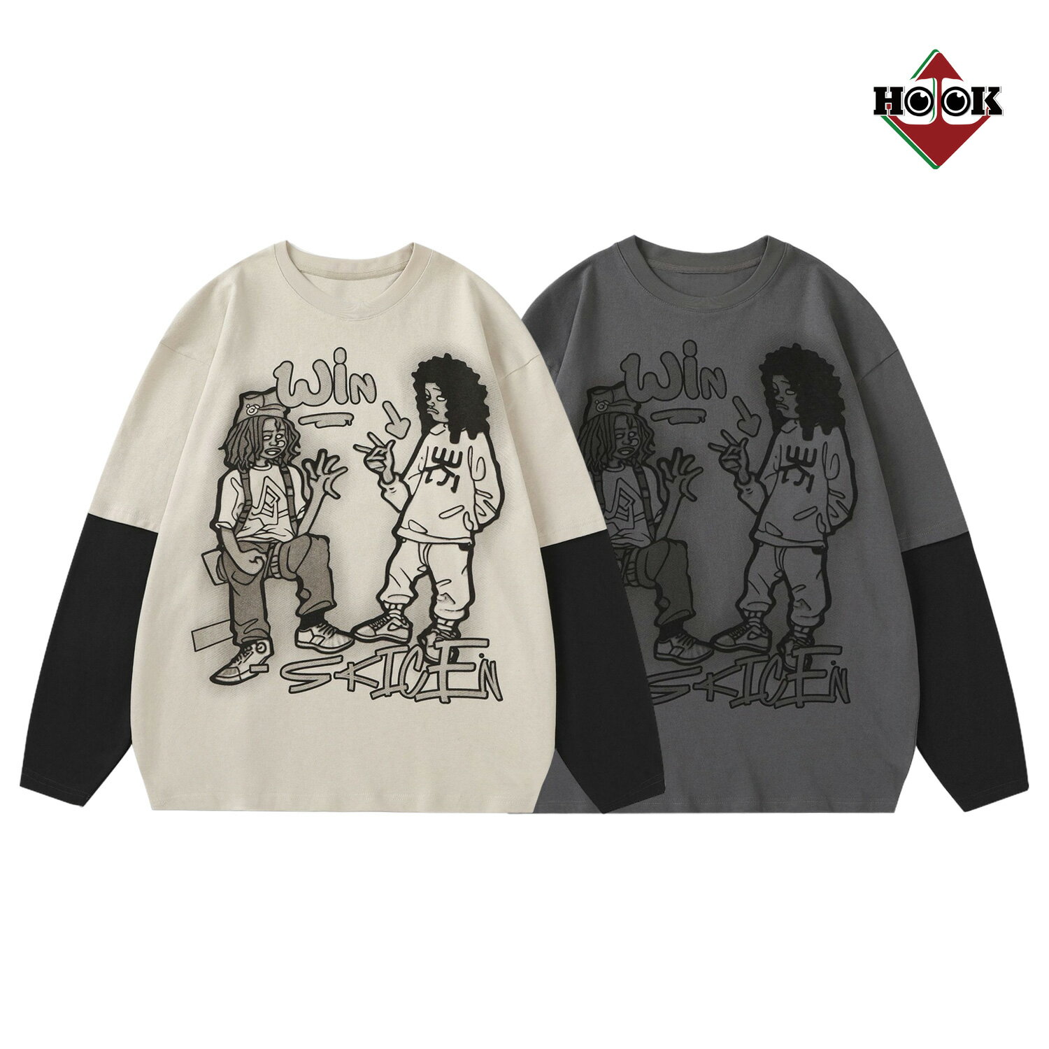 ロングtシャツ メンズ レディース 綿100％ 重ね着風 tシャツ ロング 長袖 お揃い 春 秋 冬 ビッグシルエット ユニセックス 韓国ライク おそろ ゆったり ストリート プリント ボリューム袖【HOOK】