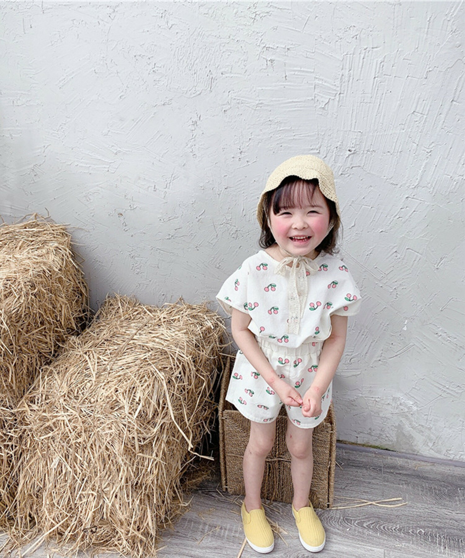 セットアップ キッズ 半袖 tシャツ ハーフパンツ 上下セット 半袖 かわいい綿90% 女の子 綿 コットン 韓国 ライク おしゃれ ベビー 子供服 子供 aimoha KIDS 【チェリー柄セットアップ】 2