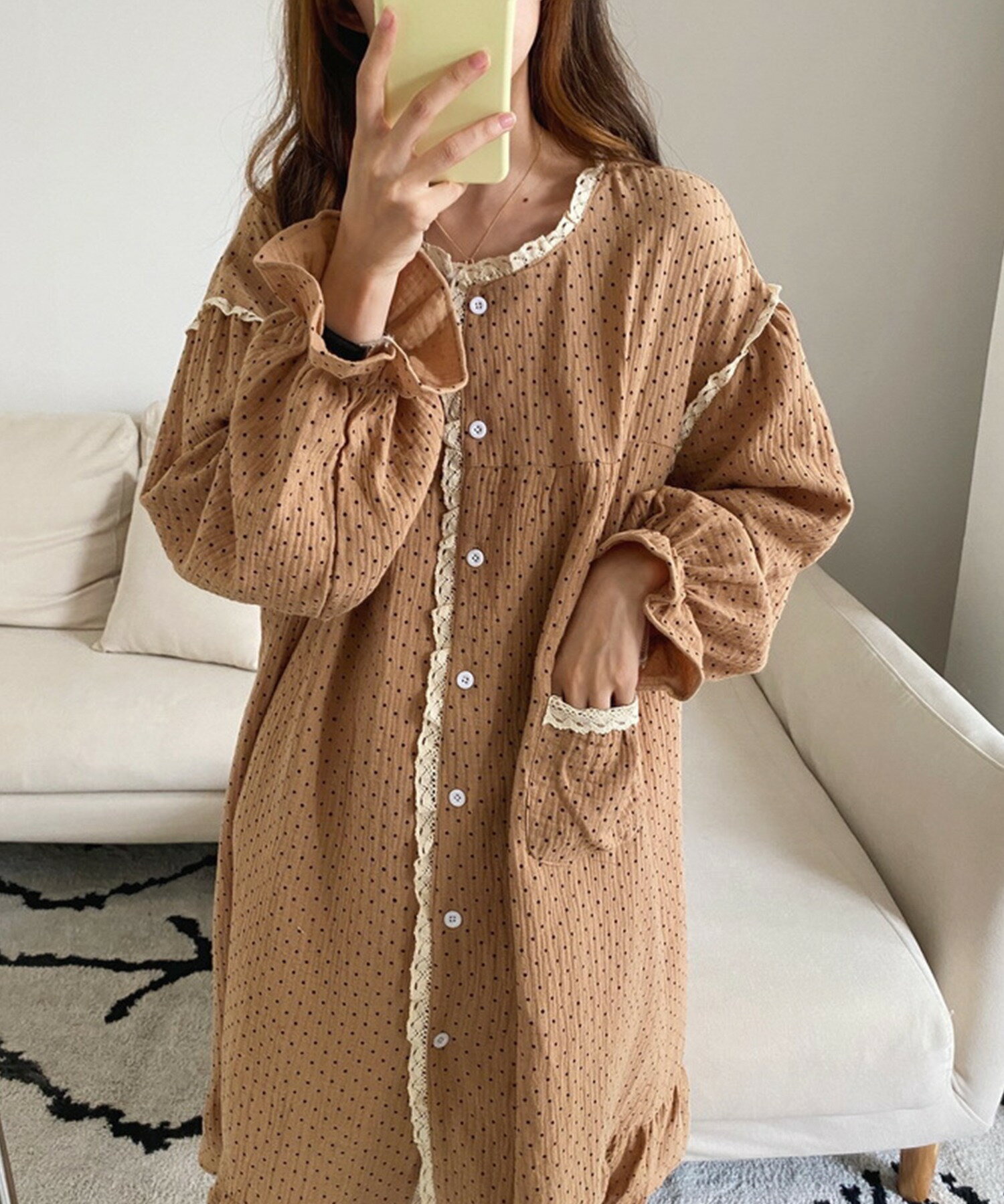 ルームウェア パジャマ ルームワンピース 綿100% 韓国 ライク オルチャン 長袖 ワンピース ネグリジェ ストレスフリー レディース フリル かわいい ゆるかわ 【可愛いルームワンピース】