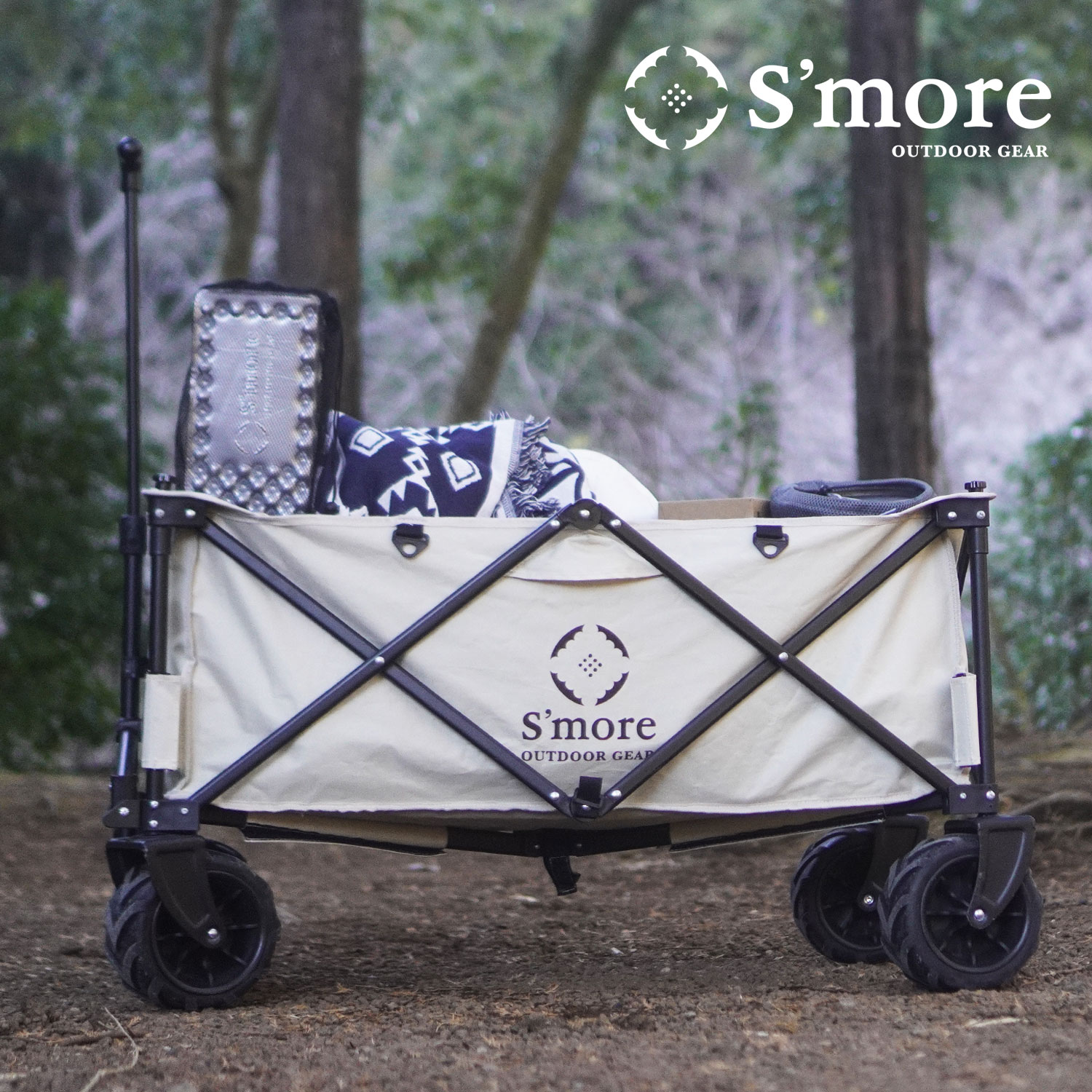 【S'more / One touch storage wagon 】 アウトドアワゴン キャンプ キャリー ワゴン キャリーカート 折りたたみ 4輪 丈夫 大型タイヤ ワイドタイヤ コンパクト キャンプ ピクニック アウトドア おしゃれ 収納袋付き 【幅10cm大型タイヤ】のサムネイル